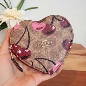 NWT Coach Heart Coin Case In Signature Canvas With Cherry Print